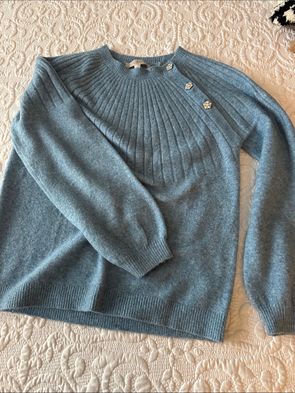 LOFT Sky Blue Ribbed-Yoke Sweater with Decorative Buttons